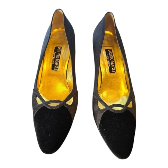 Bruno Magli Couture Italian Black Velvet Satin Kitten Heel Pump Narrow 8AA - Picture 2 of 12